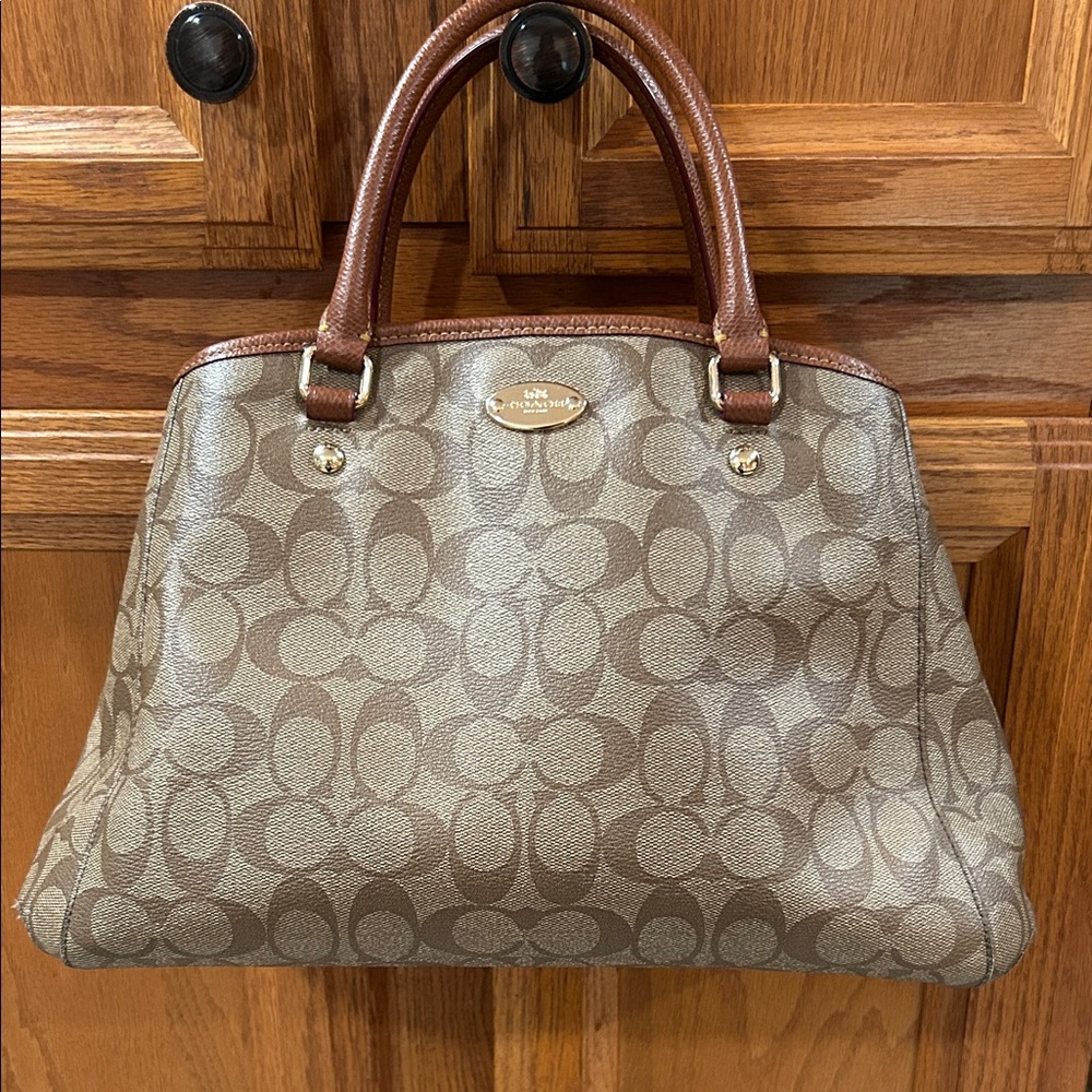 Coach Margot Tan and Brown Signature Coated Canvas Satchel